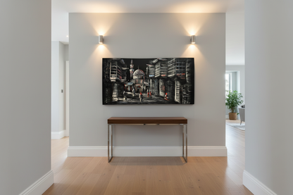 Black and white Middle Eastern bazaar night scene canvas wall art displayed in elegant hallway