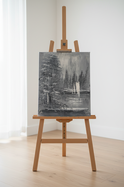 Original winter forest lake monochromatic oil painting displayed on wooden easel stand in bright modern interior