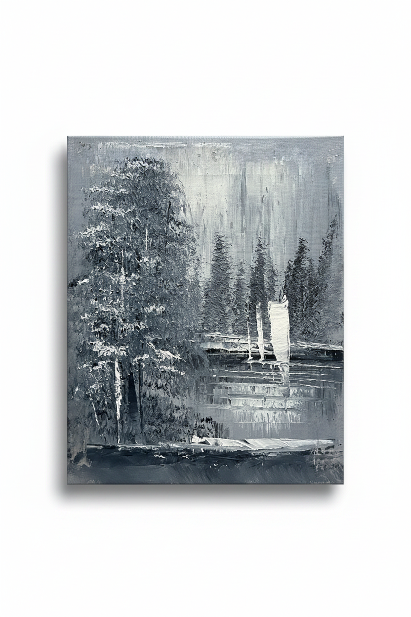 Winter forest lake monochromatic impasto oil painting isolated on white background with soft drop shadow — no frame
