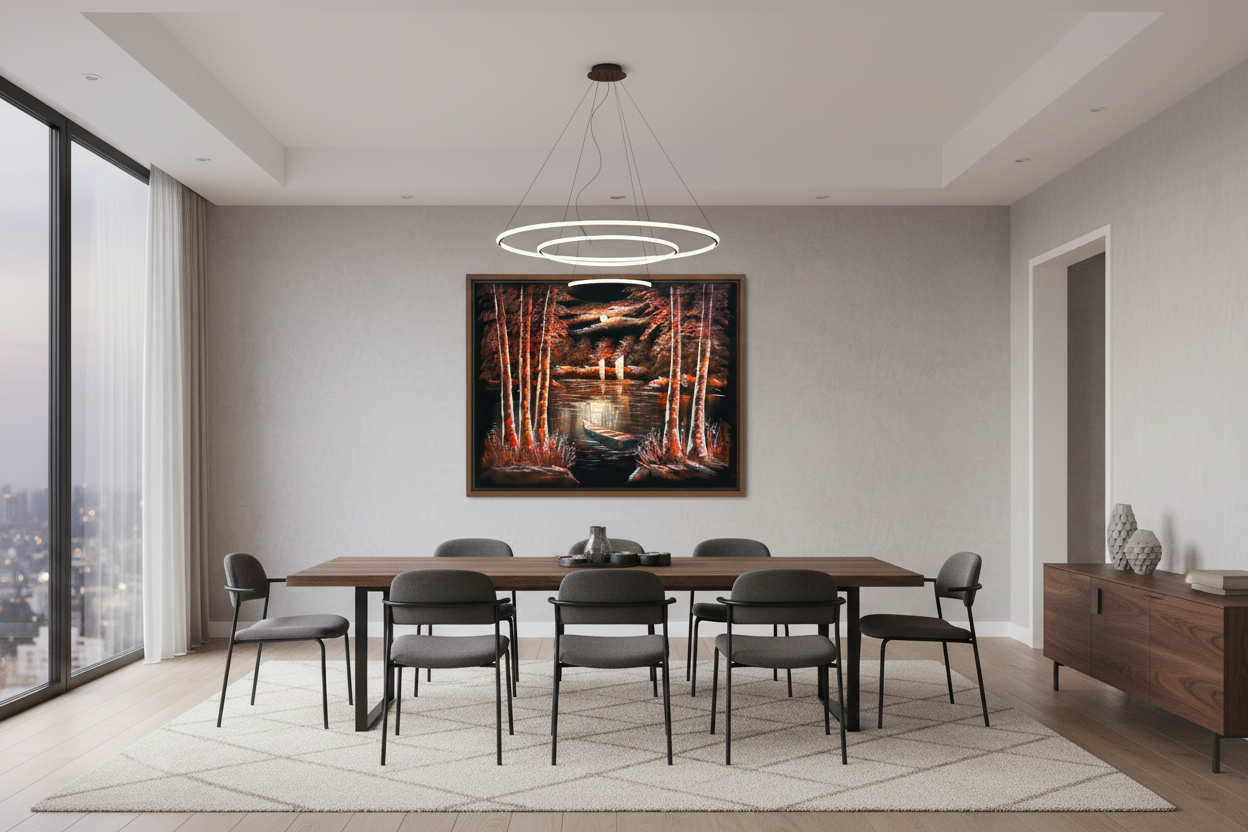 Moonlit Autumn Lake oil painting displayed in a spacious open-plan dining area — 39.4 x 31.5 inch canvas wall art