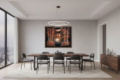 Moonlit Autumn Lake oil painting displayed in a spacious open-plan dining area — 39.4 x 31.5 inch canvas wall art