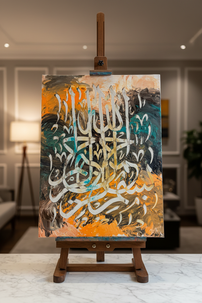 Bismillah Arabic calligraphy canvas art on a wooden easel display stand, portrait orientation, no frame gallery wrap, luxury home decor