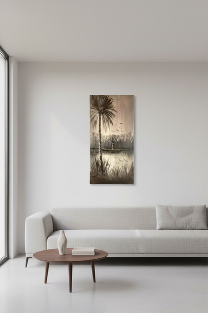 Silver Palms at Dusk oil painting on empty living room wall, no frame