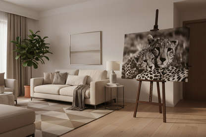Black and white cheetah canvas print displayed on a wooden easel stand in a modern family living room