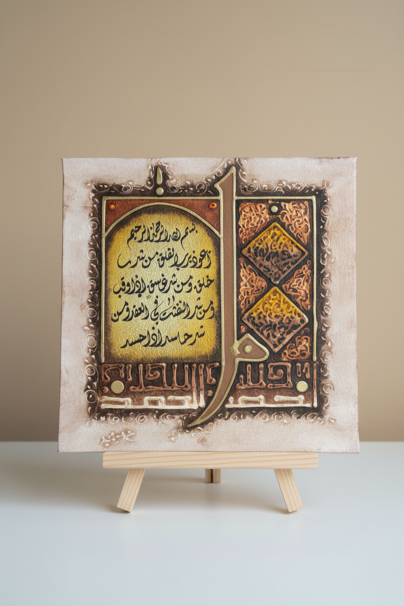 Surah Al-Falaq Alif-Lam canvas displayed on wooden art stand