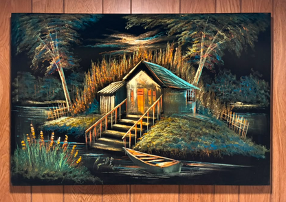 Glowing Riverside Cabin Night Scene Canvas Wall Art | Nature Heritage Print 35.4" × 23.6"