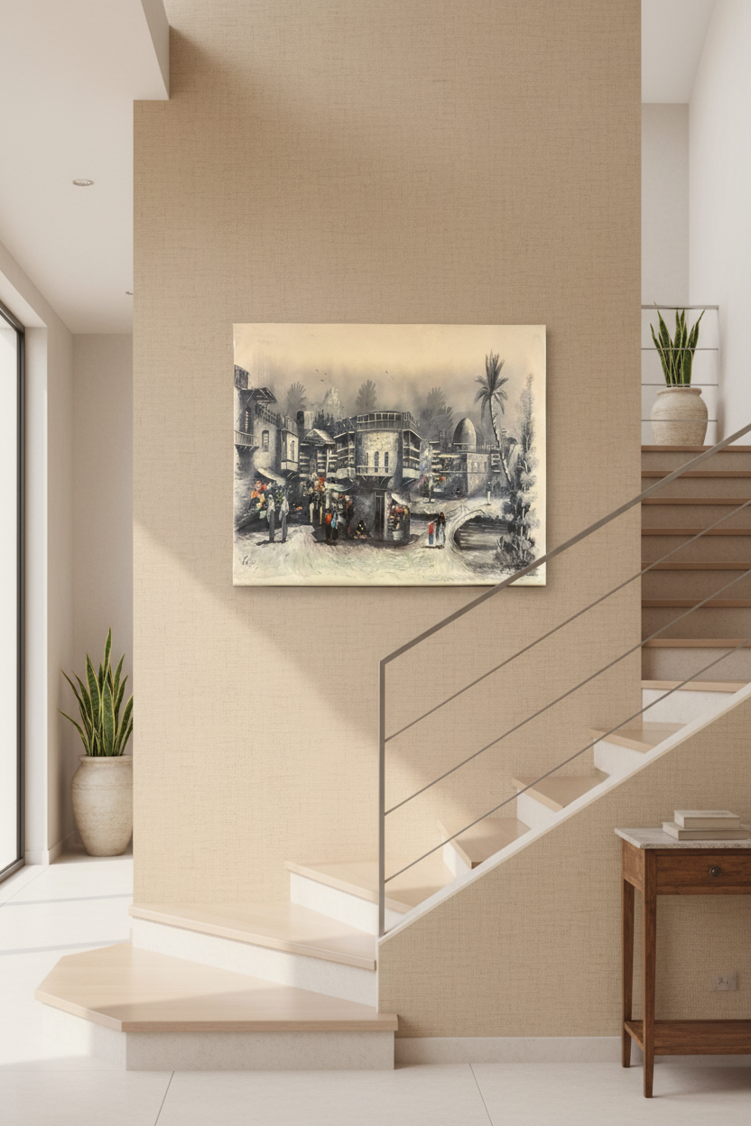 Middle Eastern village market oil painting hung on staircase wall in luxury home interior, no frame