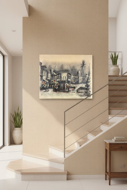 Middle Eastern village market oil painting hung on staircase wall in luxury home interior, no frame