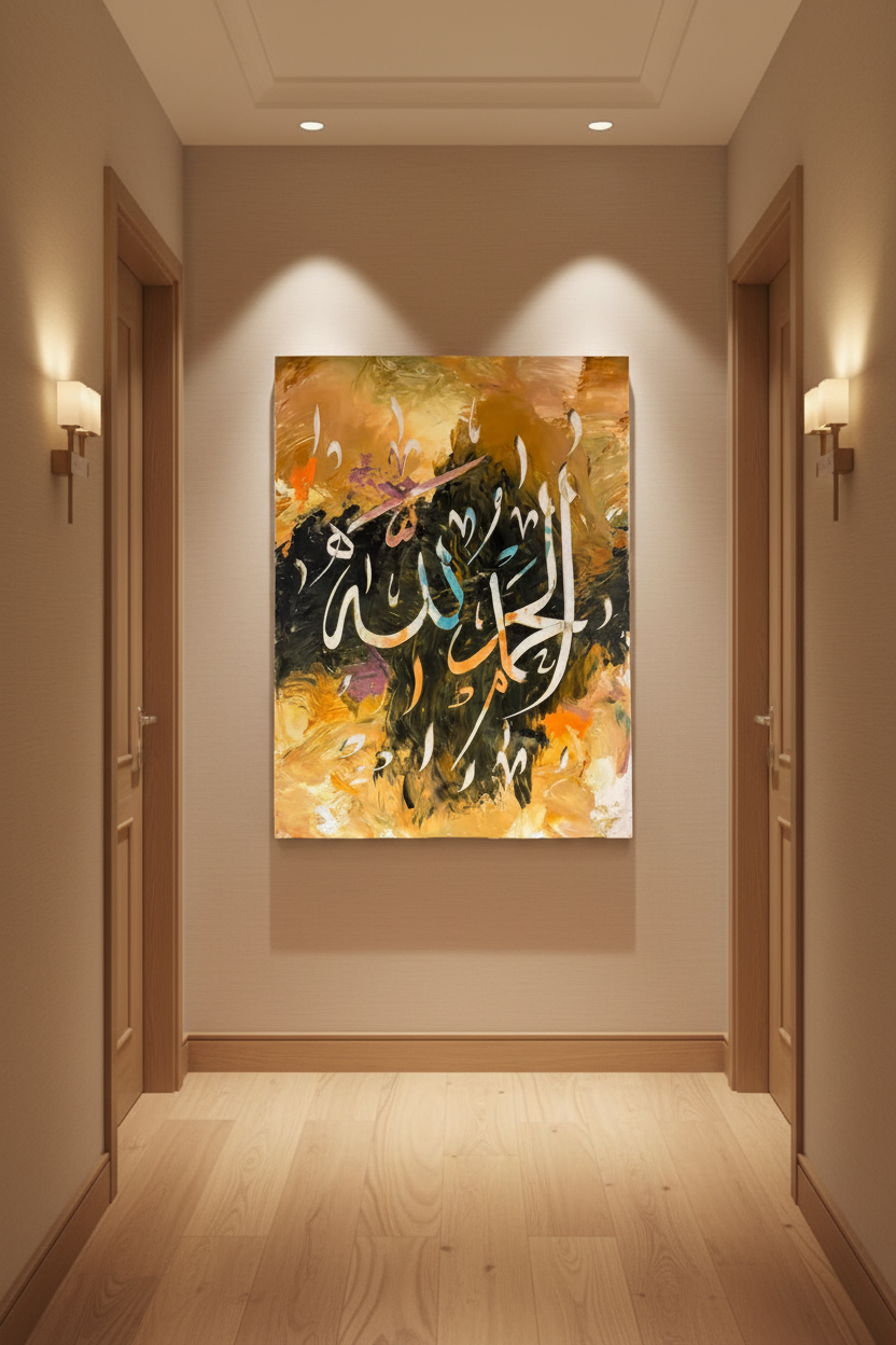 Alhamdulillah Arabic calligraphy canvas art hanging in an elegant hallway with warm wood flooring, portrait 3:4 ratio, no frame gallery wrap, luxury home interior