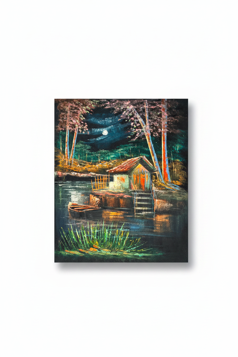 Moonlit lakeside boathouse night scene canvas art on white background with drop shadow – 20x24 inches product shot