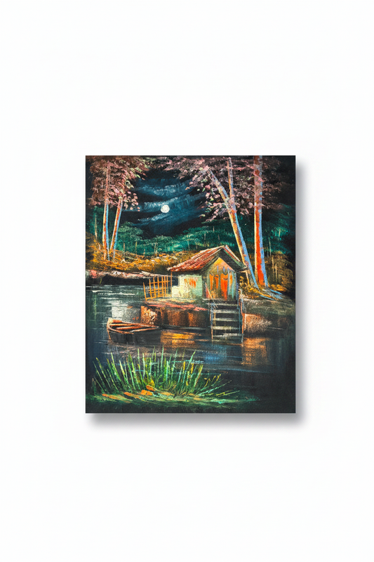 Moonlit lakeside boathouse night scene canvas art on white background with drop shadow – 20x24 inches product shot