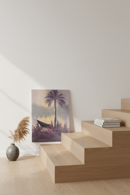 Tropical palm tree painting leaning against wall near stairs in luxury home interior