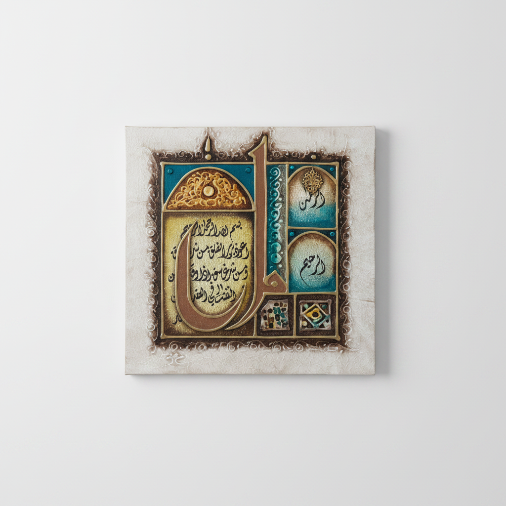 Al-Rahman Al-Raheem Islamic calligraphy canvas hung on empty white wall