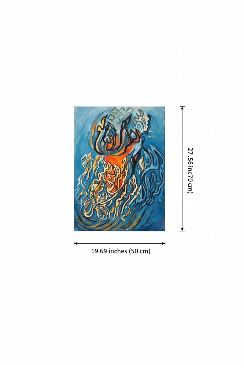 Dimension diagram showing 19.69 inch width and 27.56 inch height of blue flame Islamic calligraphy canvas