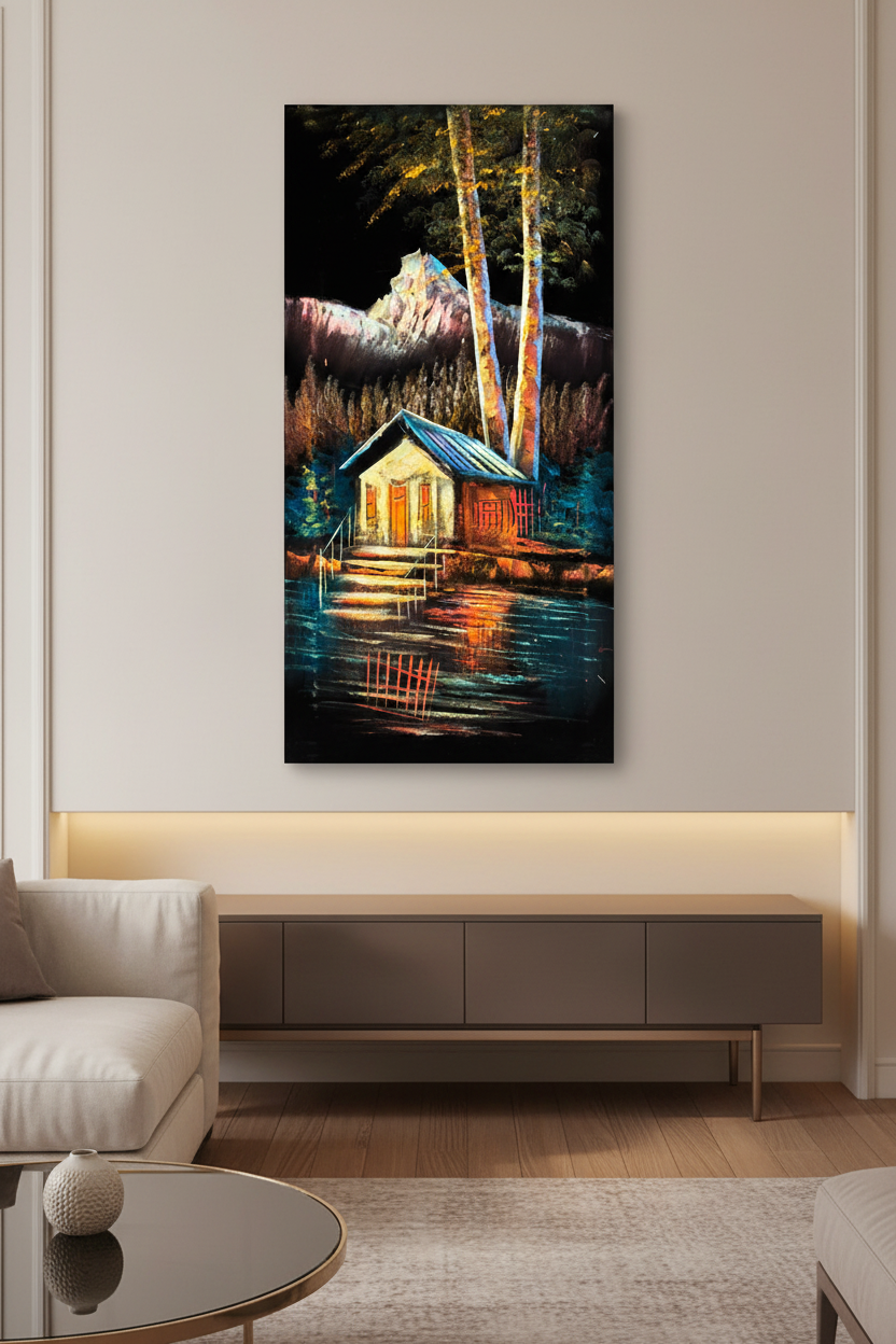Mountain Boathouse painting displayed in luxury living room area setting