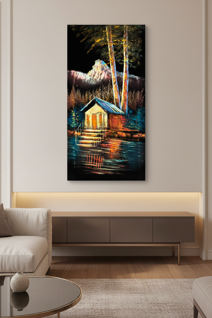 Mountain Boathouse painting displayed in luxury living room area setting
