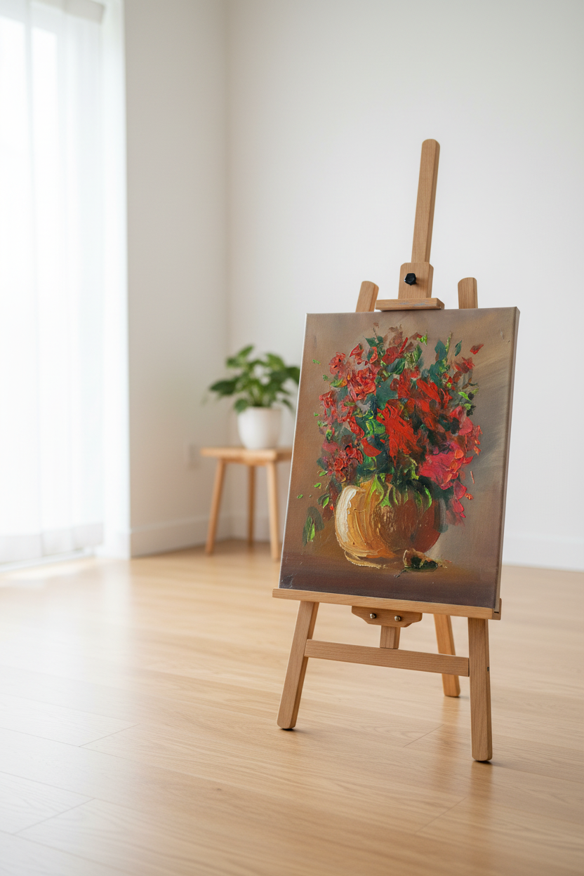 Original red floral oil painting displayed on wooden easel stand in modern interior