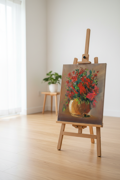 Original red floral oil painting displayed on wooden easel stand in modern interior