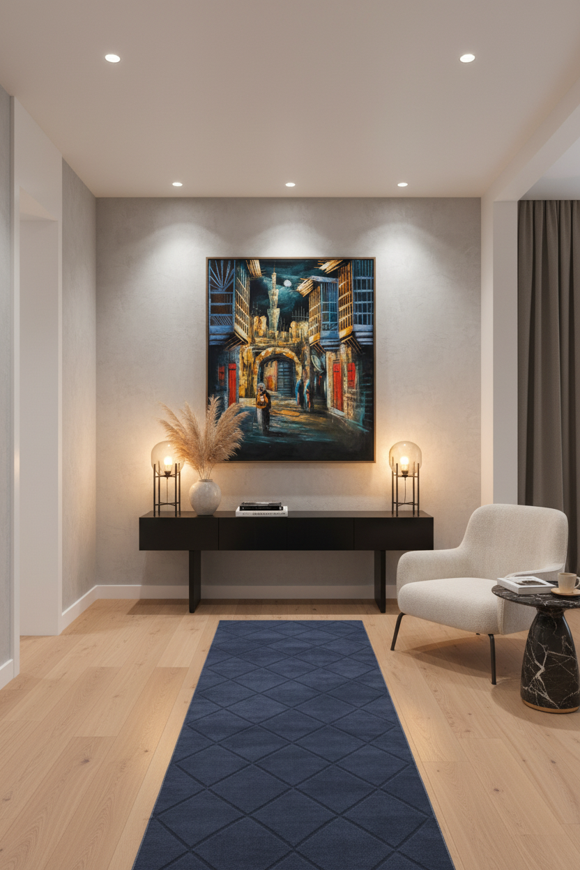 Middle Eastern old city bazaar archway night scene canvas art staged in a stylish home hallway