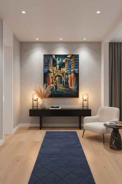 Middle Eastern old city bazaar archway night scene canvas art staged in a stylish home hallway