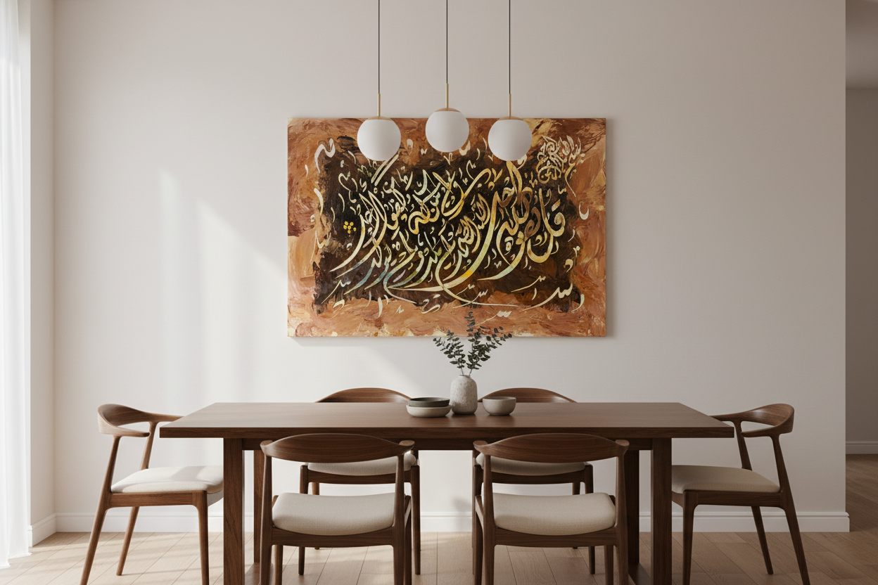 Islamic calligraphy gold and white canvas displayed in a dining area, no frame