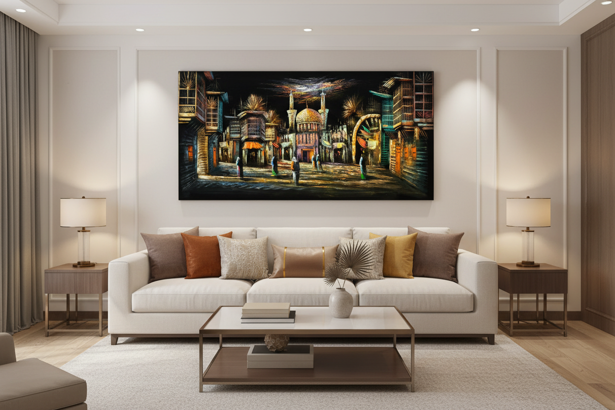 Golden mosque bazaar night scene canvas wall art displayed in modern living room above sofa