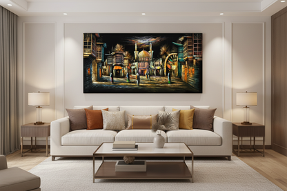 Golden mosque bazaar night scene canvas wall art displayed in modern living room above sofa