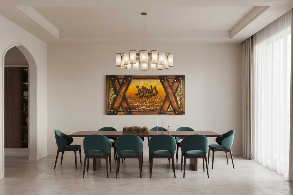 Surah Al-Falaq wood frame canvas displayed in open area dining room