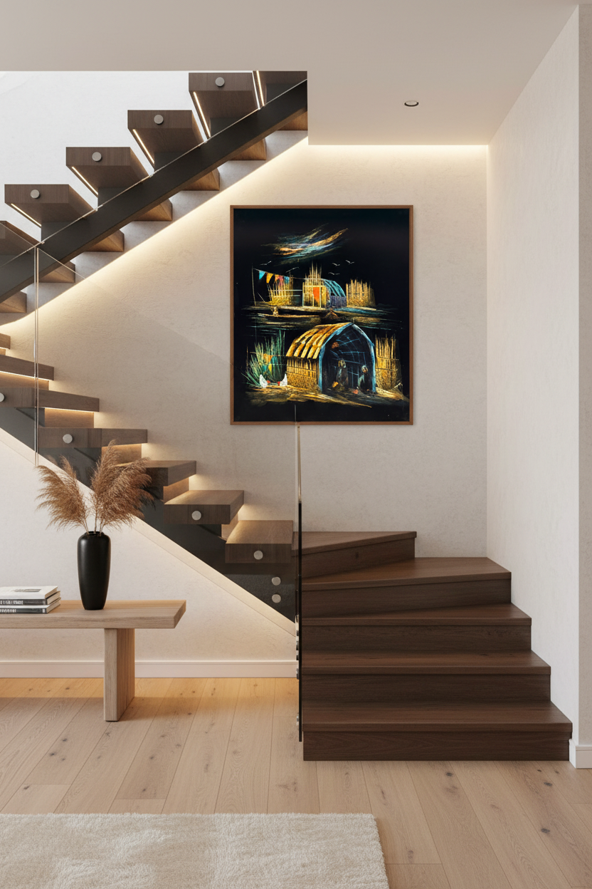 Middle Eastern marsh village canvas art staged in a modern home stairway