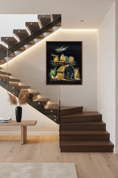 Middle Eastern marsh village canvas art staged in a modern home stairway