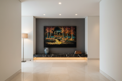Nocturnal park canvas art in upscale hallway — lifestyle interior mockup