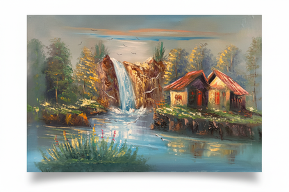 Original waterfall cabin landscape oil painting isolated on white background with natural drop shadow, unframed canvas 35.43 by 23.62 inches