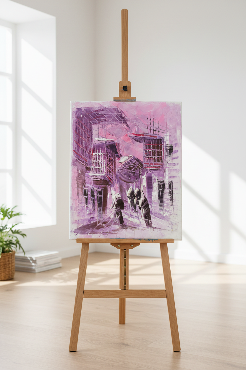 Original purple old city shanasheel oil painting displayed on wooden easel stand in bright modern interior