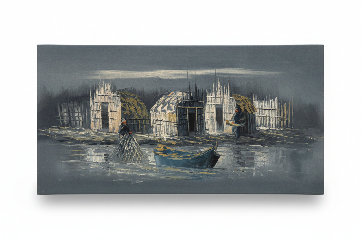 Village at the Water’s Edge oil painting isolated on white background with shadow