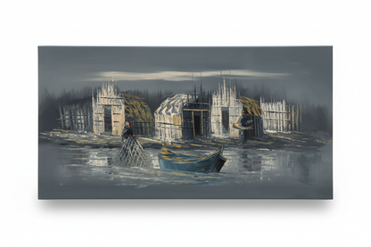 Village at the Water’s Edge oil painting isolated on white background with shadow