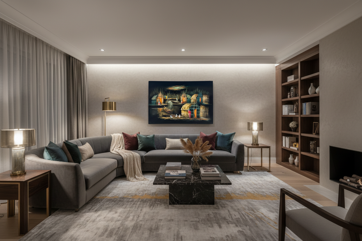 Iraqi marsh village canvas art displayed in luxury living room — lifestyle interior mockup
