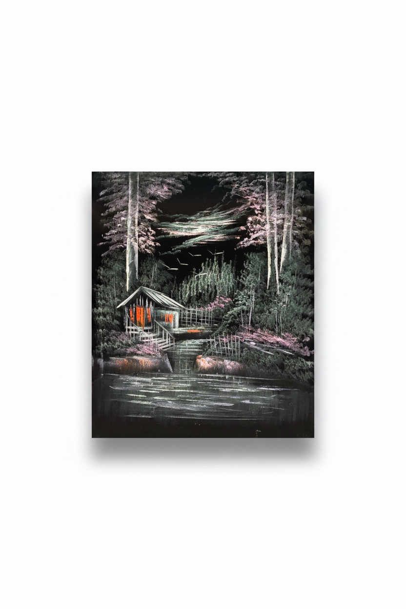 Dark forest cabin night scene canvas art on white background with drop shadow – 20x24 inches product shot