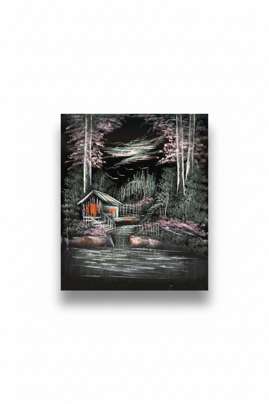 Dark forest cabin night scene canvas art on white background with drop shadow – 20x24 inches product shot