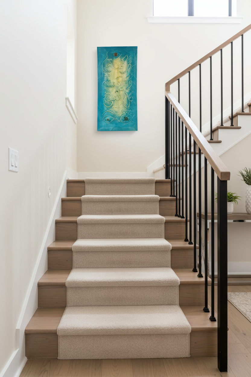 Islamic calligraphy canvas on staircase wall