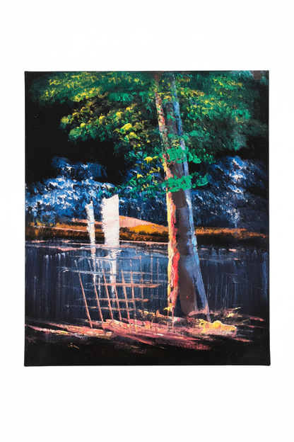 Dark lakeside tree sailboat night serene nature canvas art on white background product photo