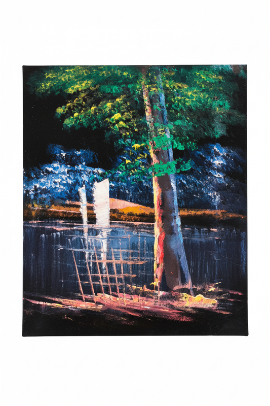 Dark lakeside tree sailboat night serene nature canvas art on white background product photo