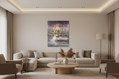 Original twilight woodland oil painting hanging in a luxury family room — frameless wall art, 39.37 x 31.50 inches