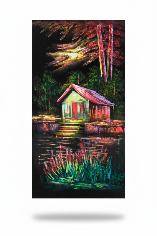Lakeside Cottage at Dusk original oil painting on white background with natural shadow
