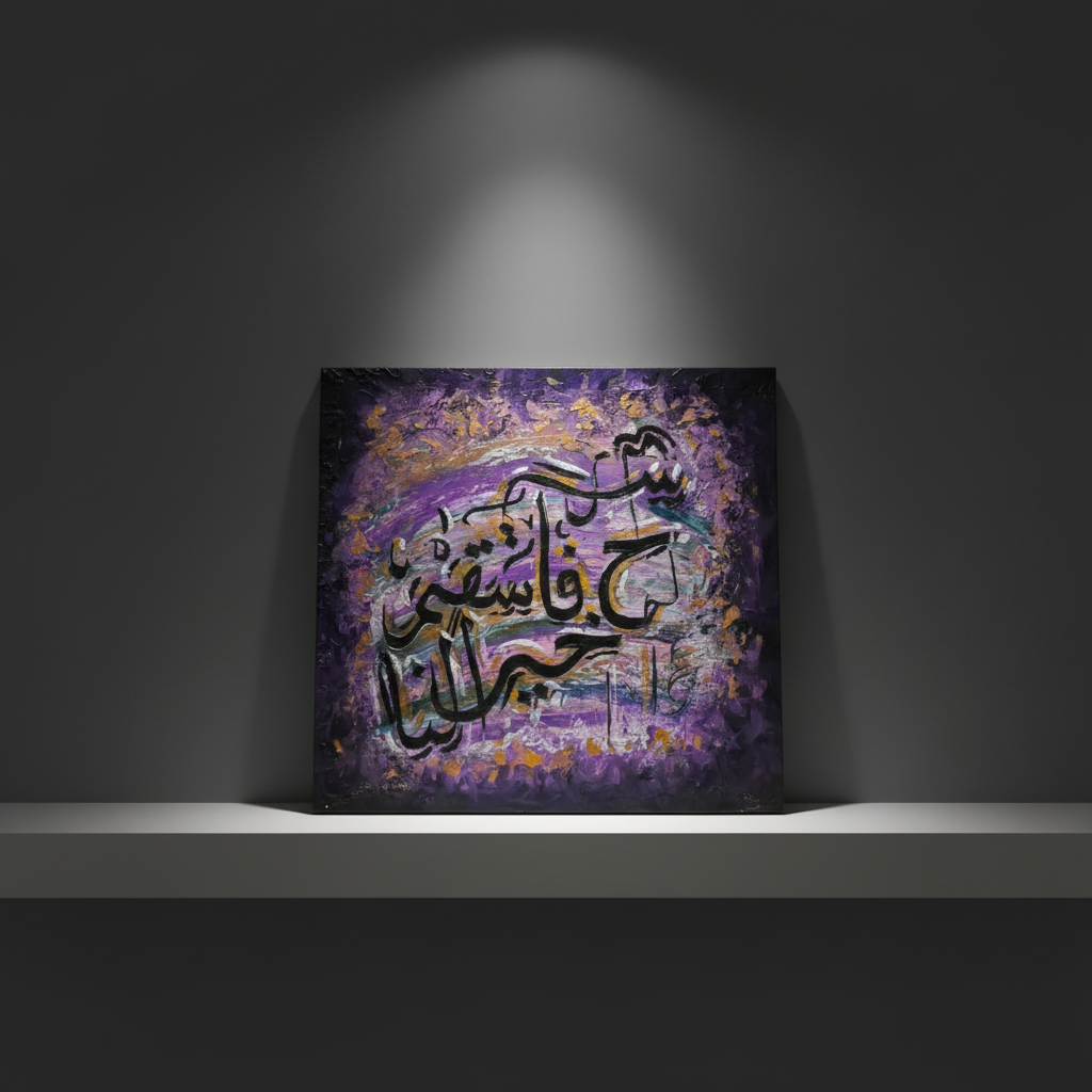 Islamic calligraphy purple violet square canvas art 15.75x15.75 inches (40x40cm) on a minimalist stage area shelf, no frame