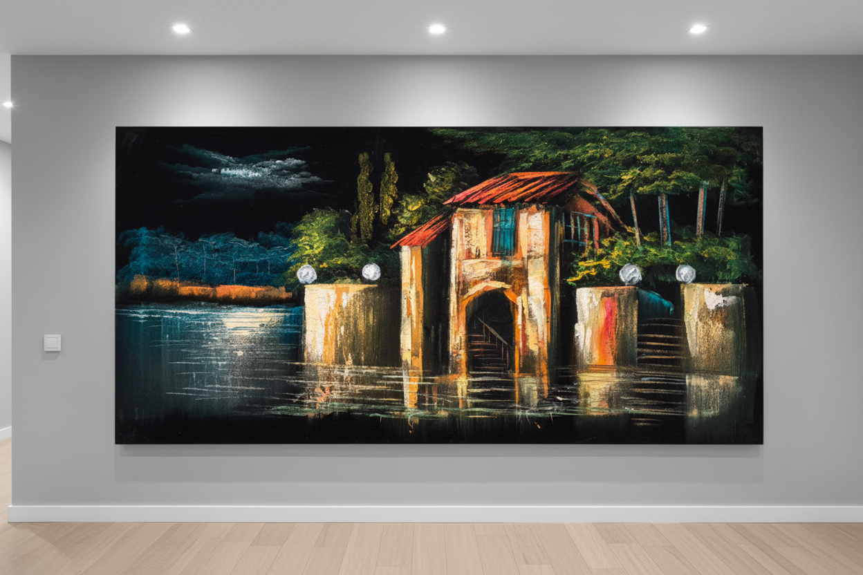 Waterfront Boathouse Villa painting displayed in modern hallway interior setting