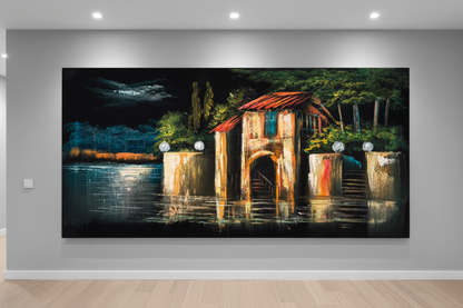 Waterfront Boathouse Villa painting displayed in modern hallway interior setting