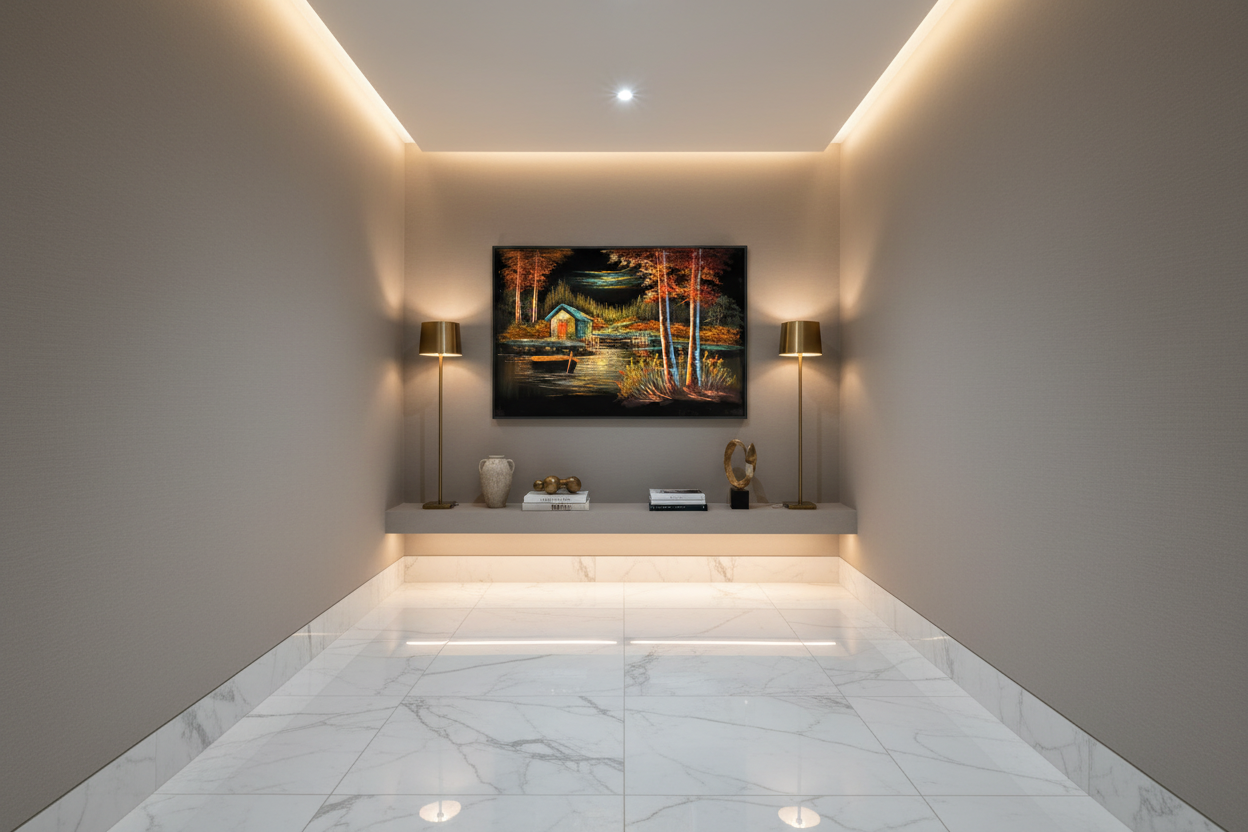 Teal boathouse canvas art in upscale hallway — lifestyle interior mockup