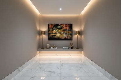 Teal boathouse canvas art in upscale hallway — lifestyle interior mockup