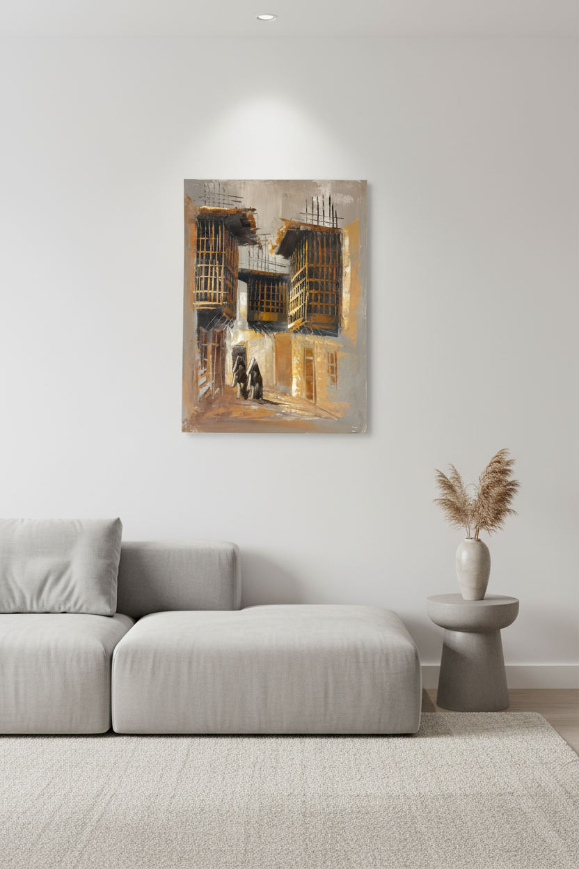 Alleyway painting hung on empty white wall in minimalist living room