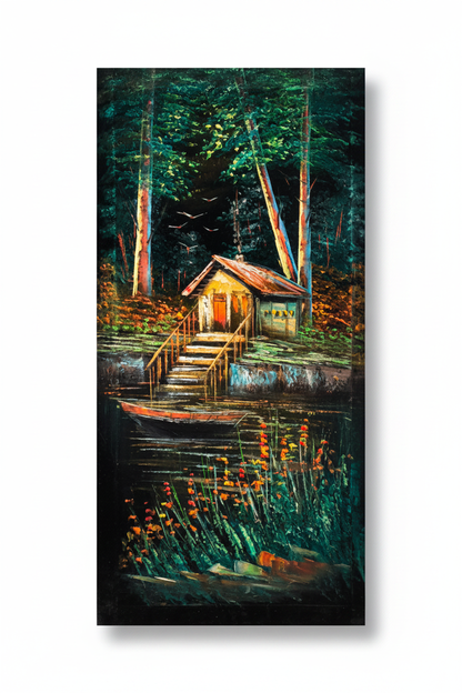 Original oil painting on white background with shadow – forest boathouse at night